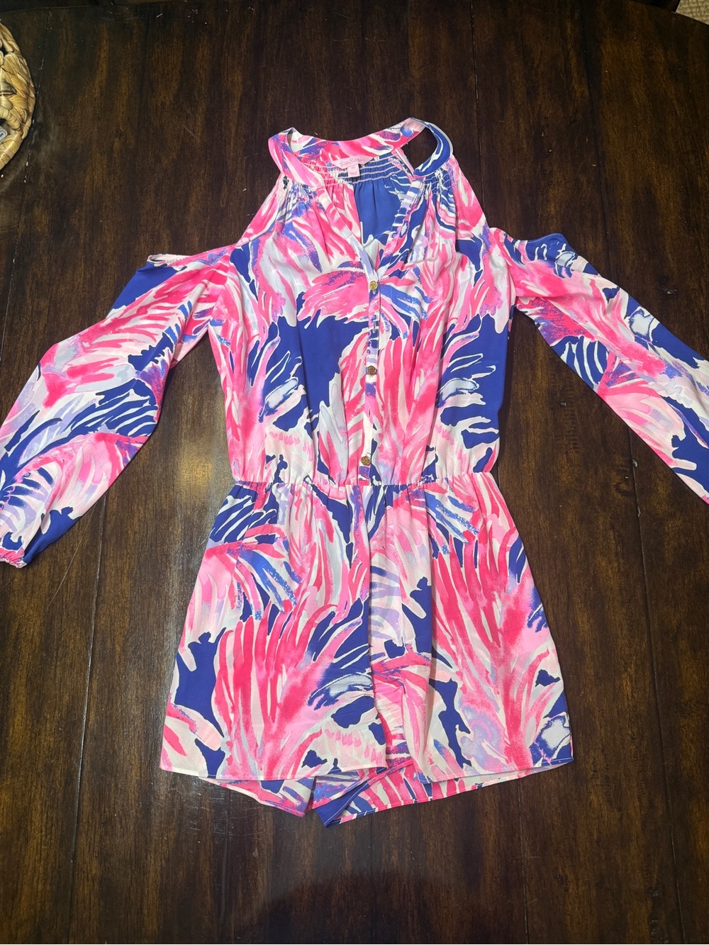 Lilly Pulitzer Pink & Blue Tropical Cold-Shoulder Romper 100% Silk